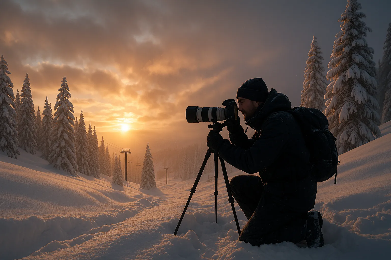 photographer capturing powder day dawn at ski resort with telephoto lens