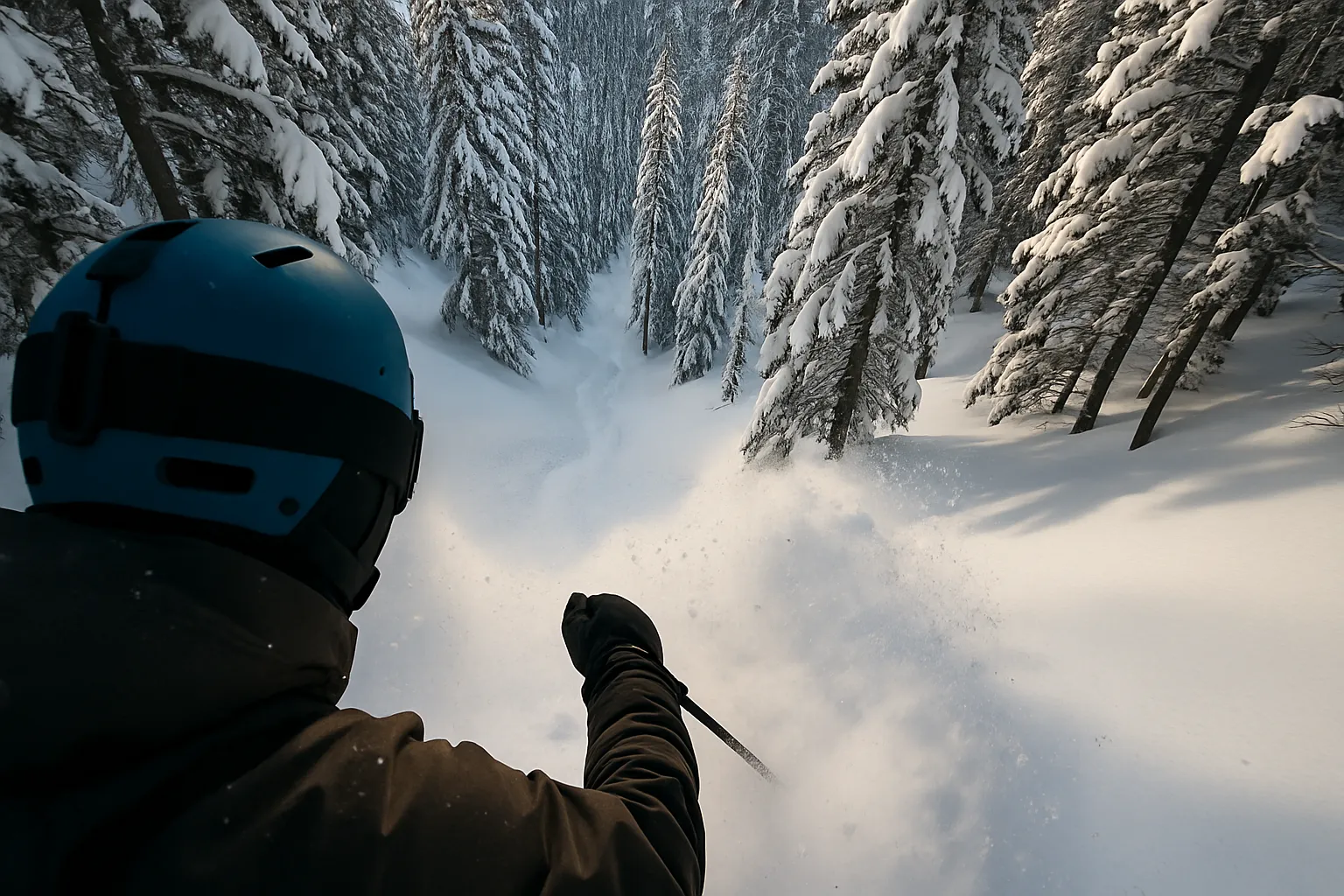 GoPro POV shot skiing deep powder tracks through snowy trees