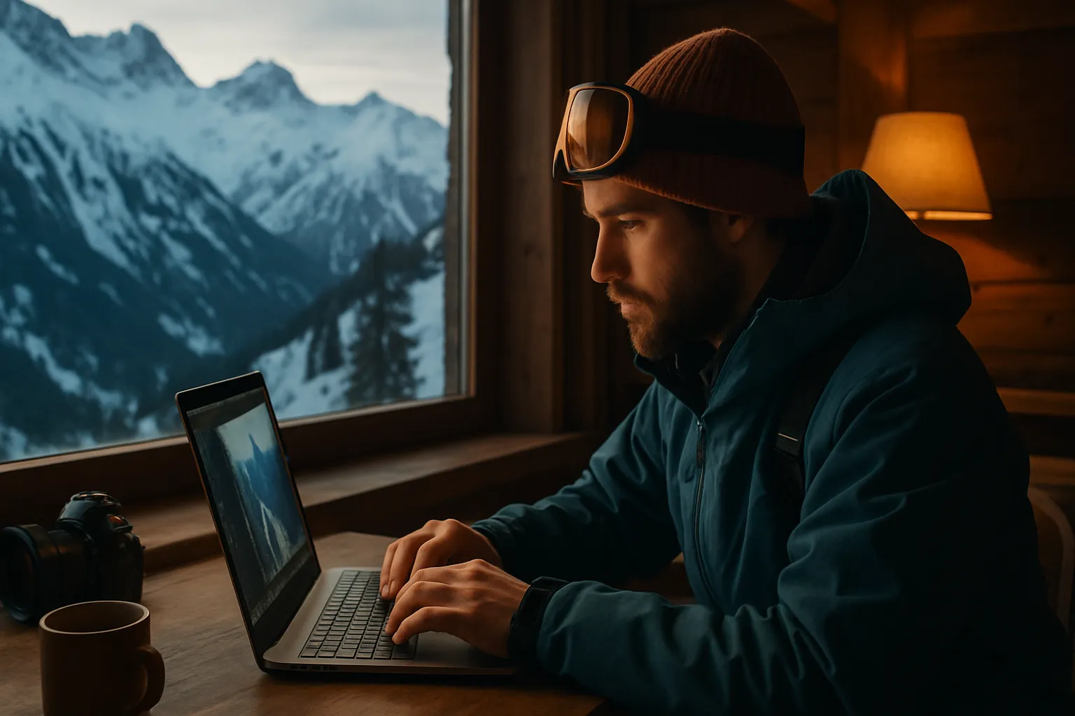 skier reviewing content on laptop in mountain lodge after powder day