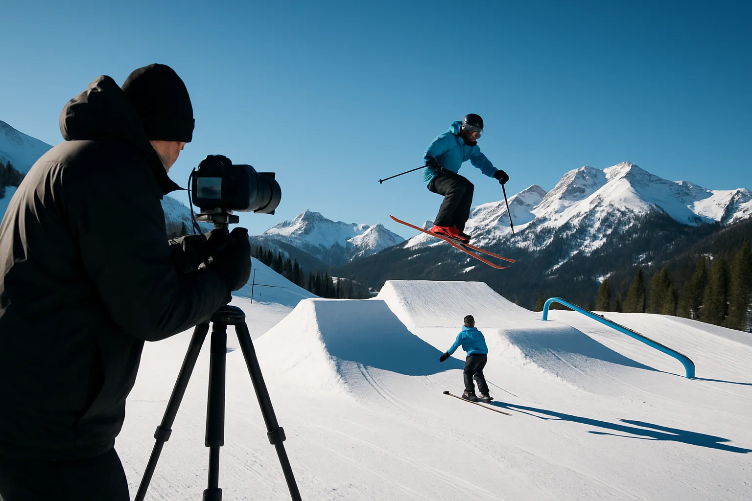 ski resort photographer with camera on tripod shooting terrain park jump