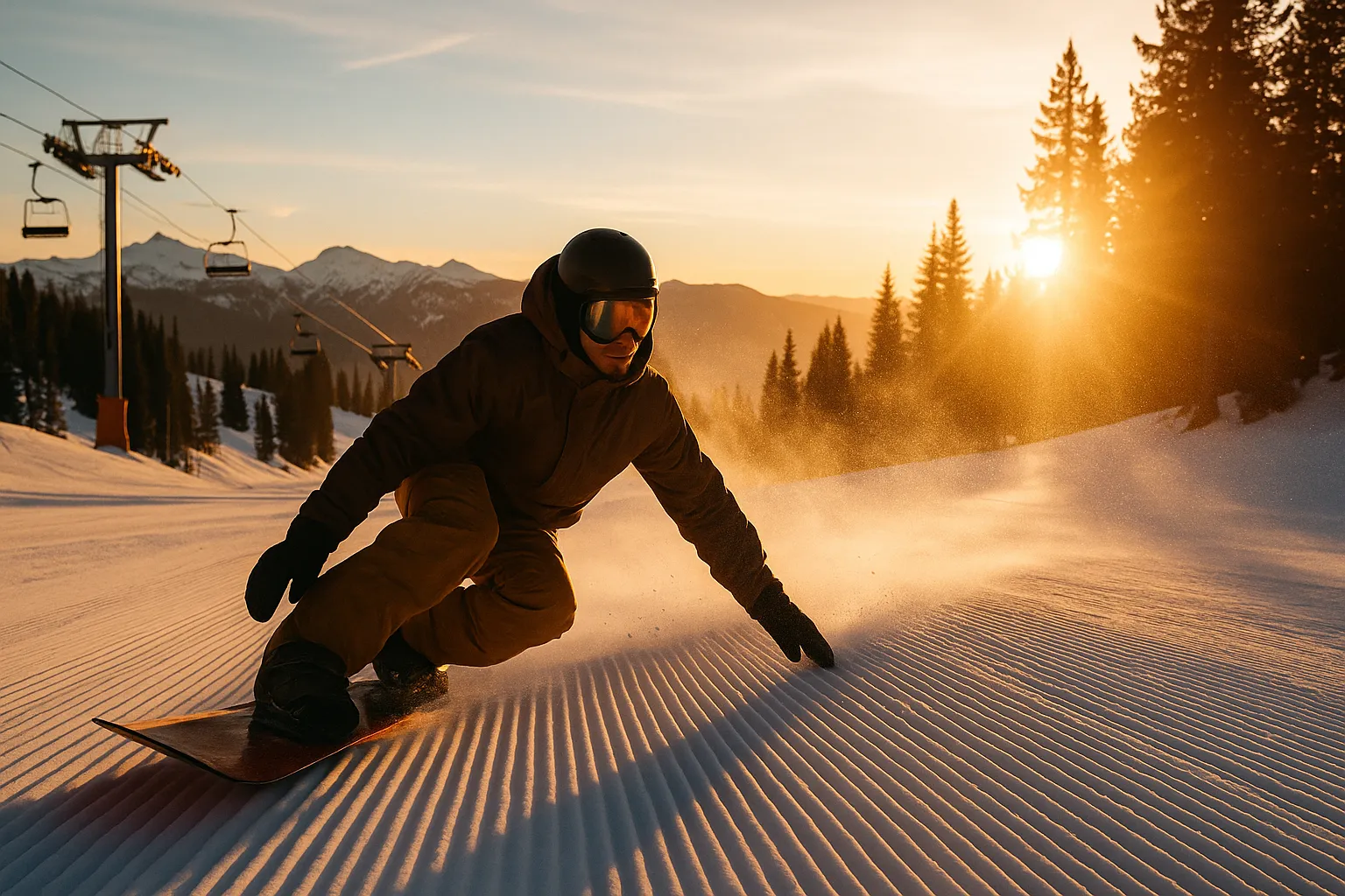 snowboarder carving perfect groomer turns at golden hour ski resort