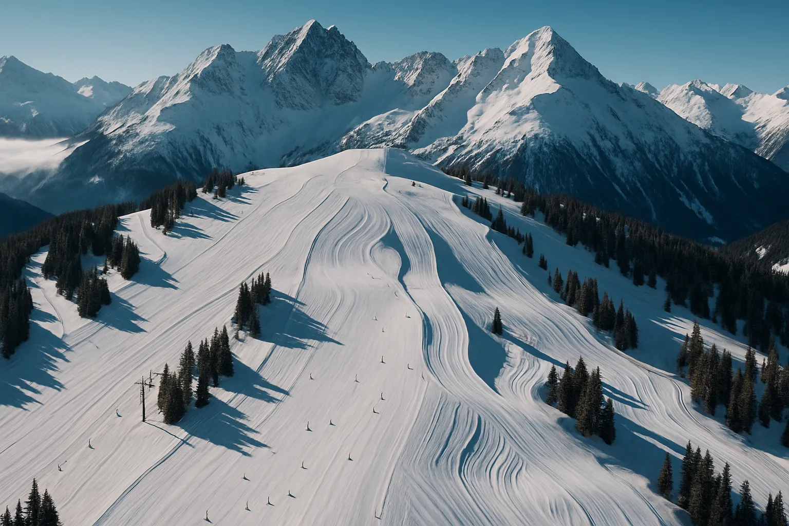 drone aerial shot of ski resort runs and mountain terrain from above