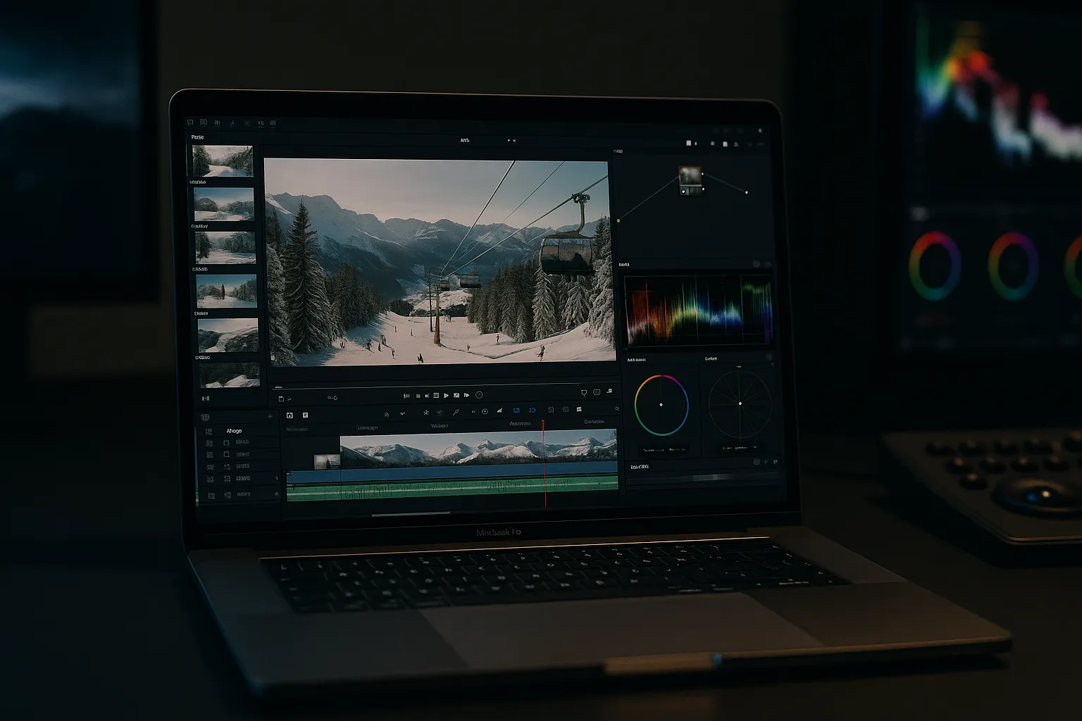 DaVinci Resolve video editing software with ski resort footage on MacBook Pro
