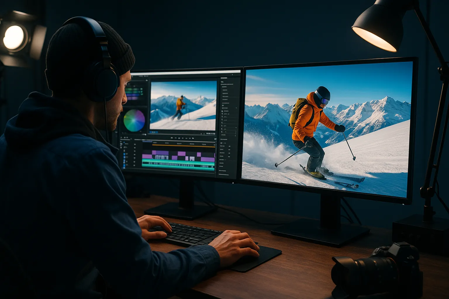 professional video editor editing ski resort content on dual monitor setup