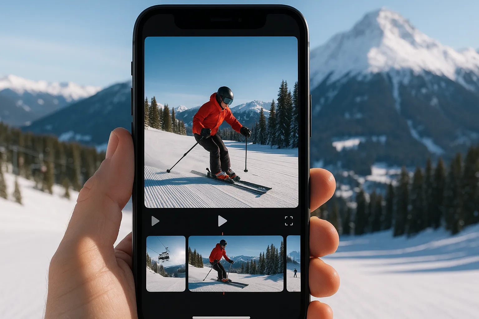 mobile phone editing ski resort video on CapCut app on snowy mountain