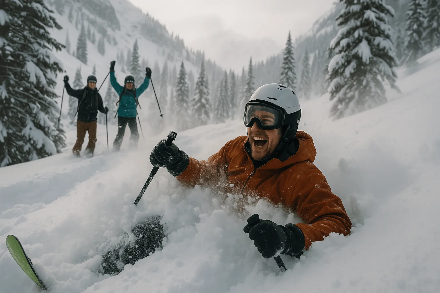 authentic ski resort moment skier tumbling in powder with friends laughing