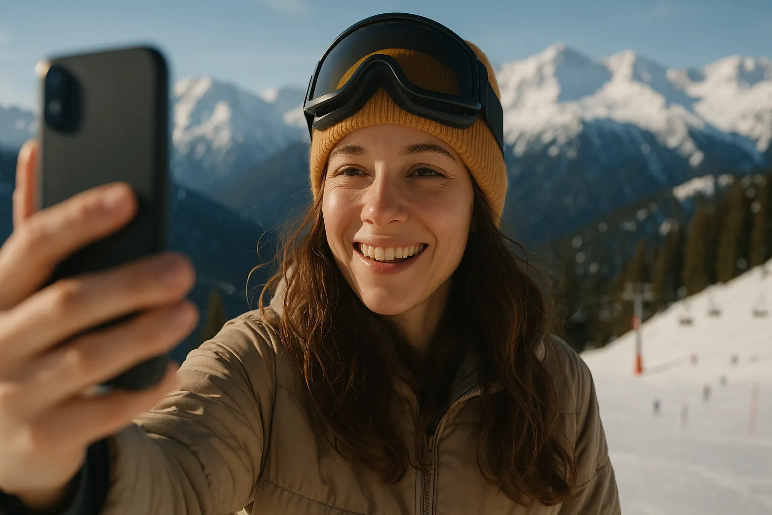 authentic ski resort selfie smiling skier with goggles and mountain background