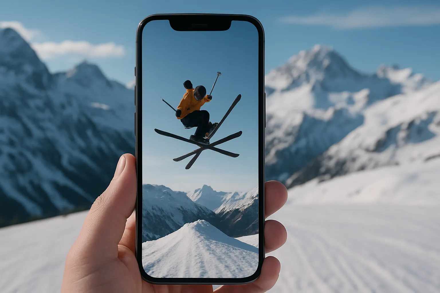 vertical format ski resort TikTok video on phone with mountain backdrop
