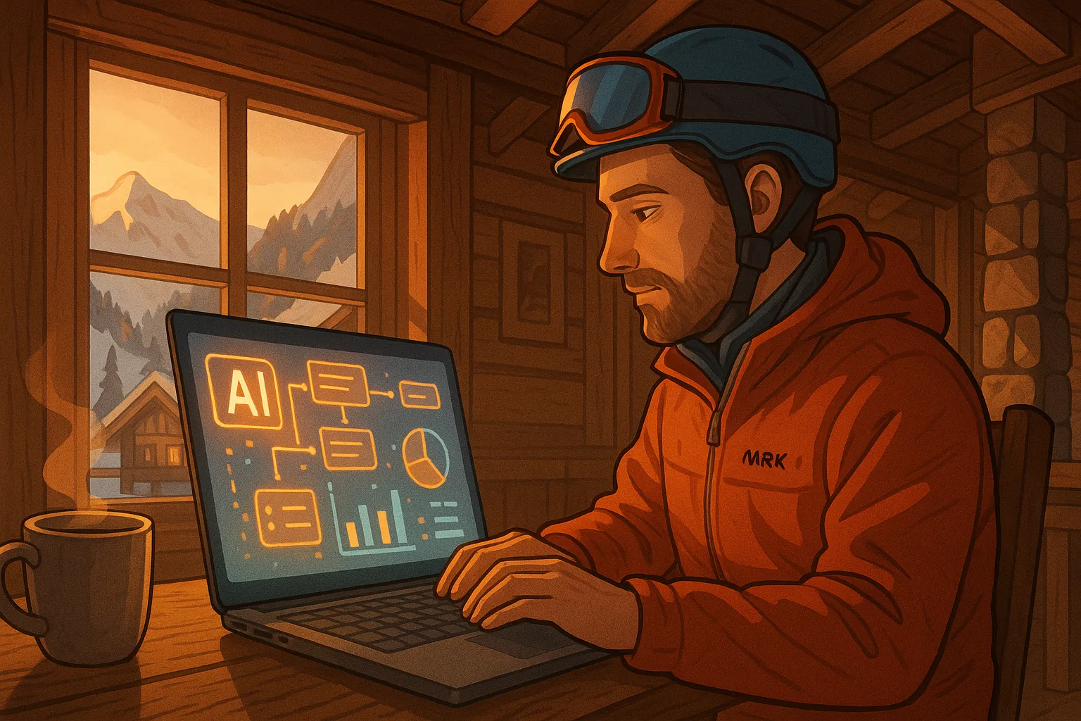 Ski resort marketing director using AI agent tools at a mountain lodge workstation