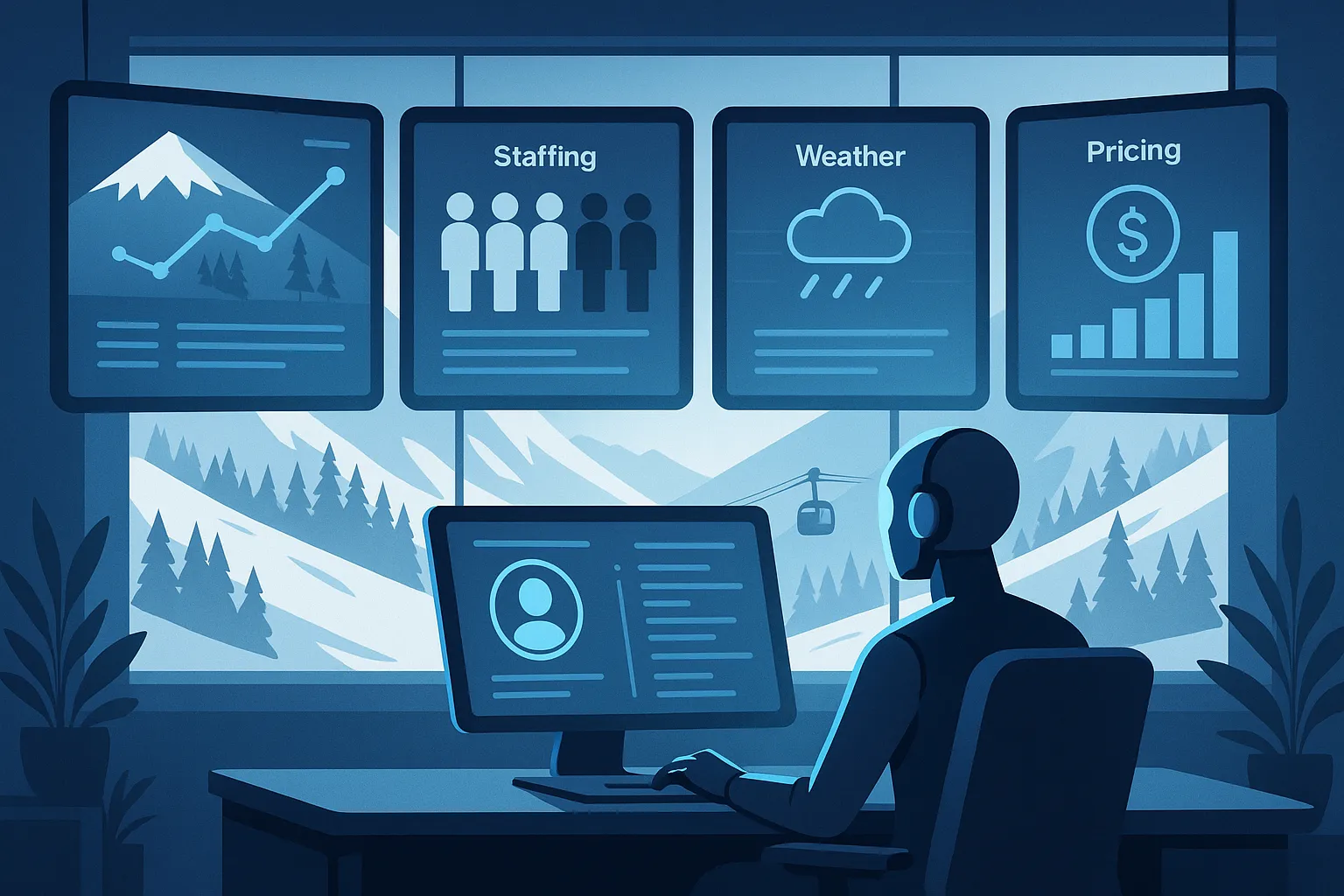 Mountain resort command center with AI assistant dashboards