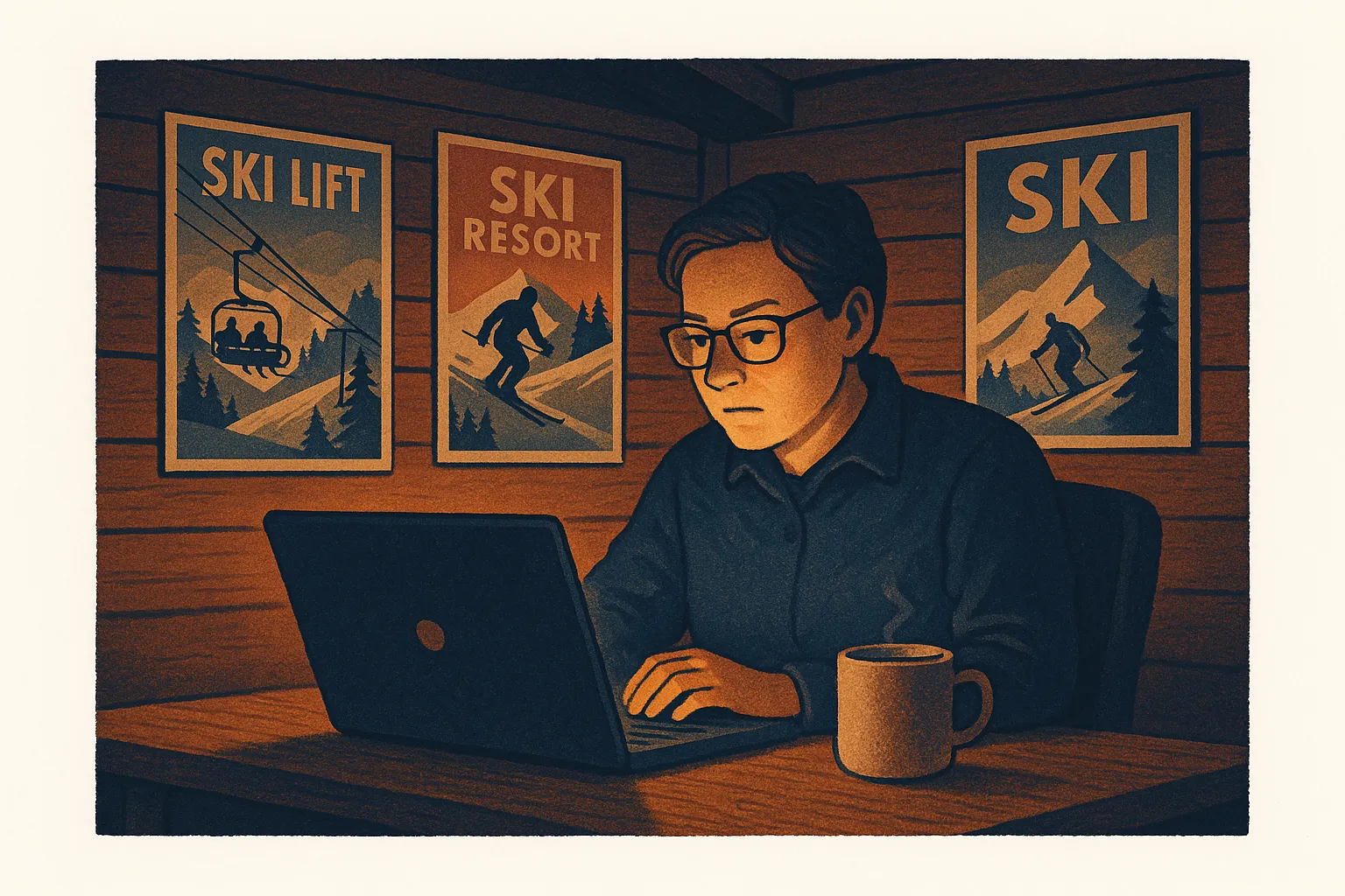 Resort marketing director at laptop late at night, 2am glow, ski resort posters on the wall