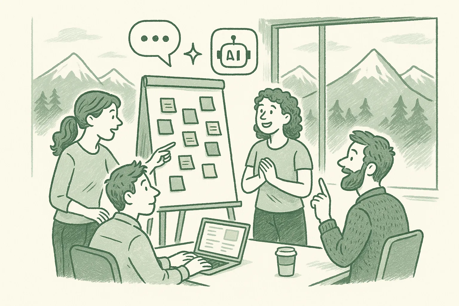 Small resort marketing team using AI tools at a whiteboard, mountain view
