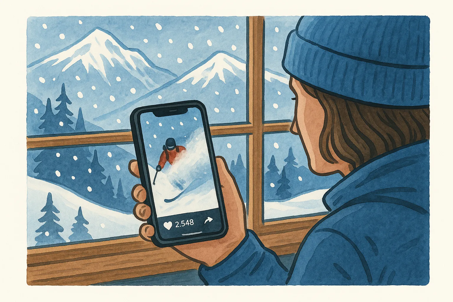 Resort social media manager capturing authentic powder day content on phone