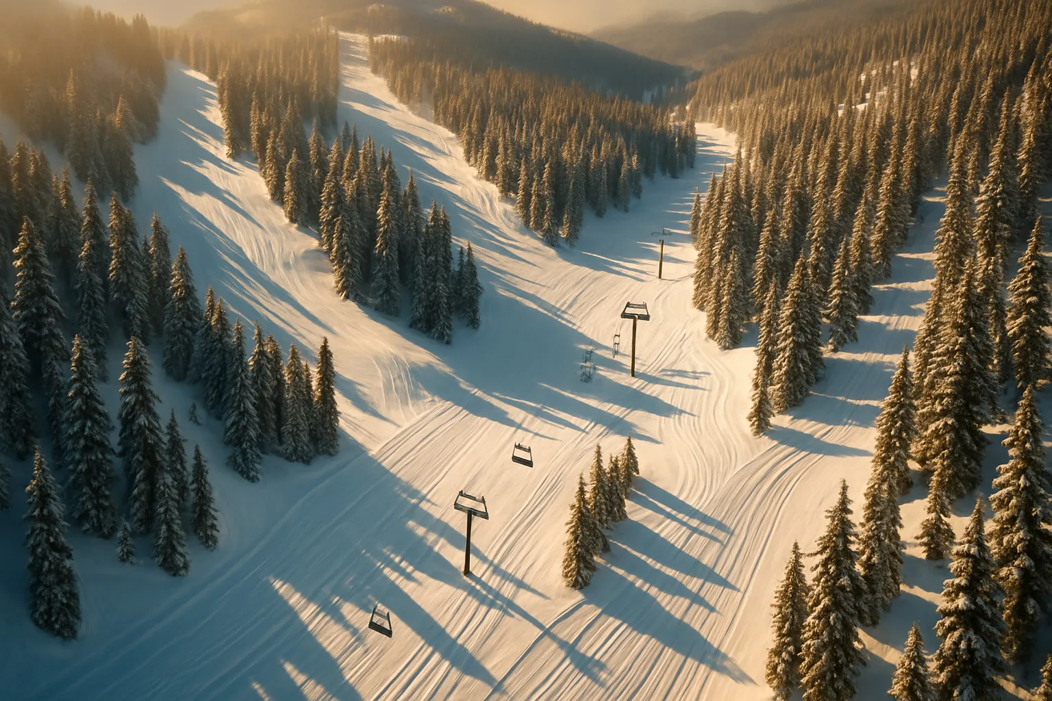 Aerial drone view of ski resort showing groomed runs, chairlifts and fresh powder from above