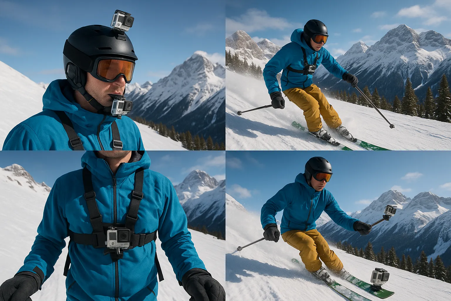 GoPro mounted on ski helmet at mountain