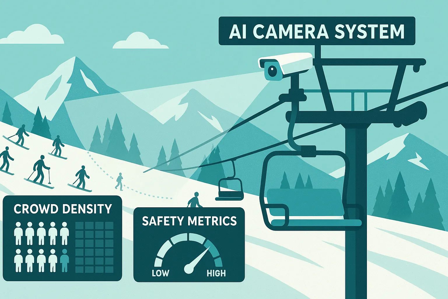 AI camera system mounted on ski chairlift tower with data visualization overlays
