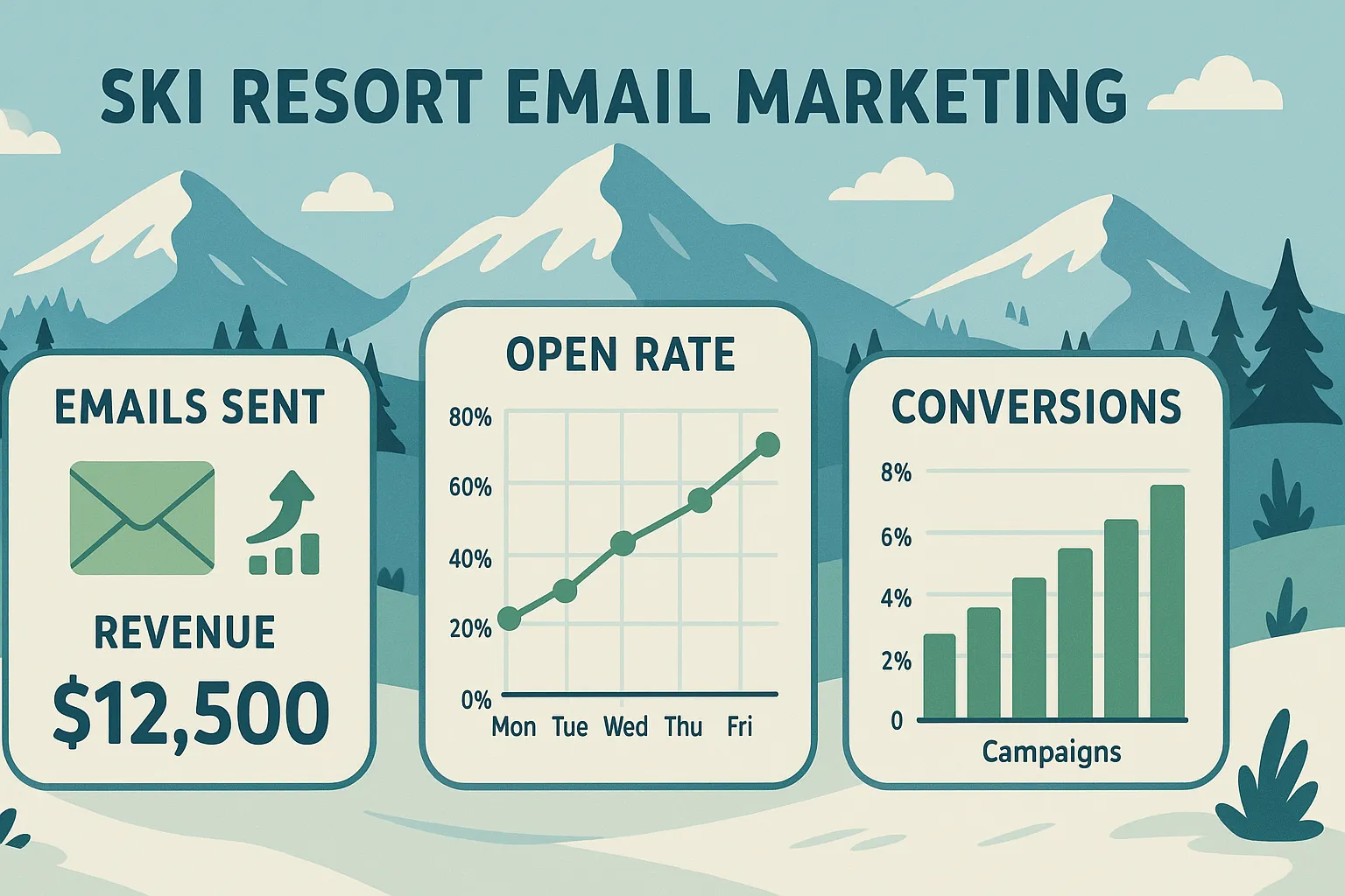 Email marketing analytics dashboard for ski resort showing open rates and pass conversion metrics