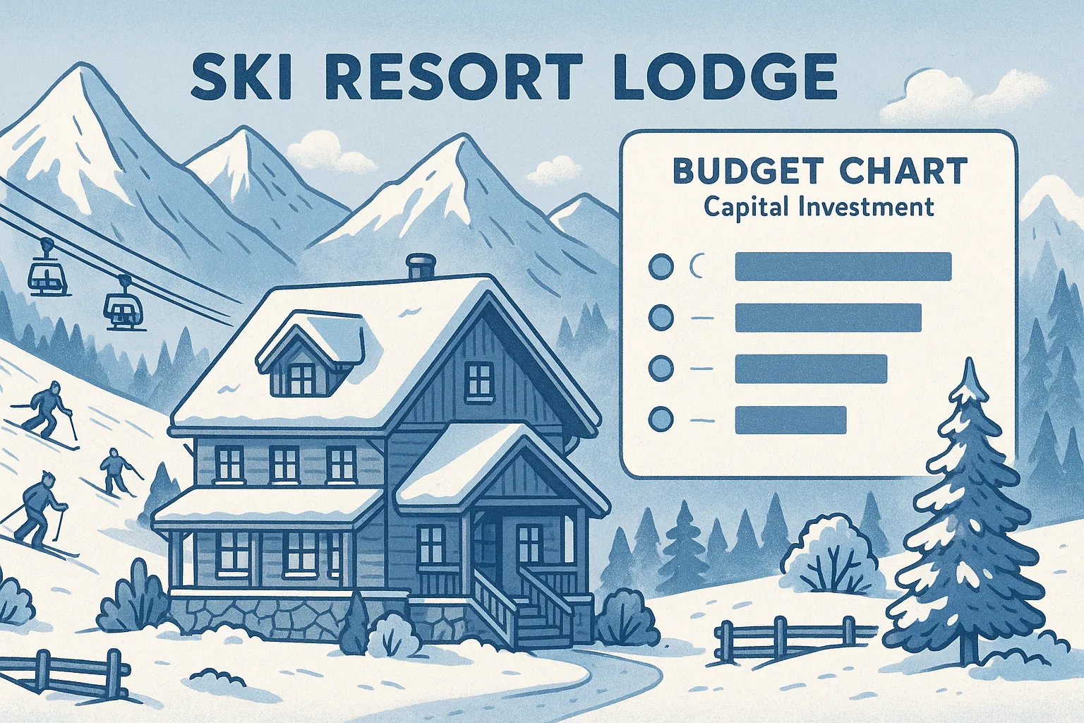 Ski resort lodge with capital investment budget planning illustration