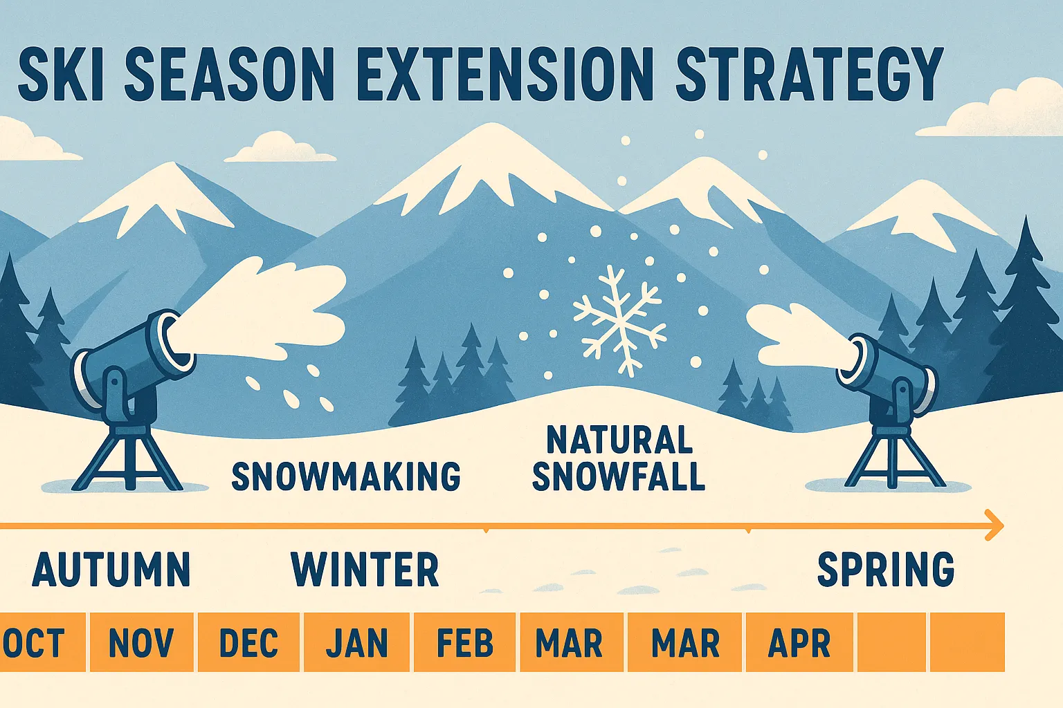 Ski season extension calendar timeline showing early opening through late closing strategies