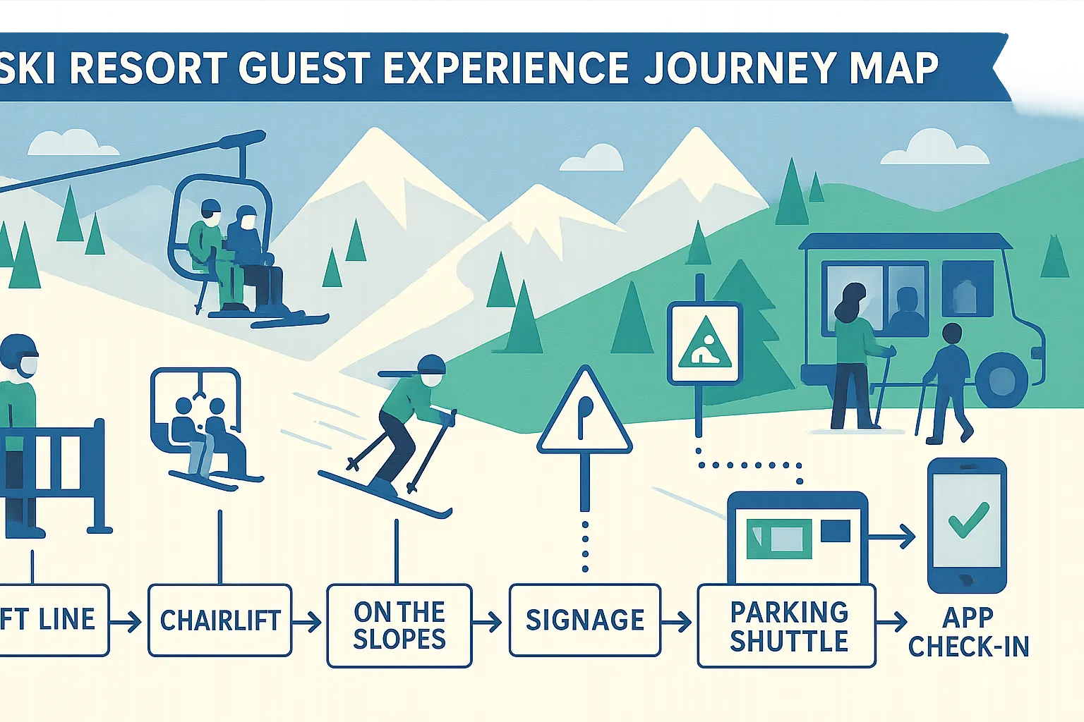 Ski resort guest experience journey map showing touchpoints from lift line to app check-in