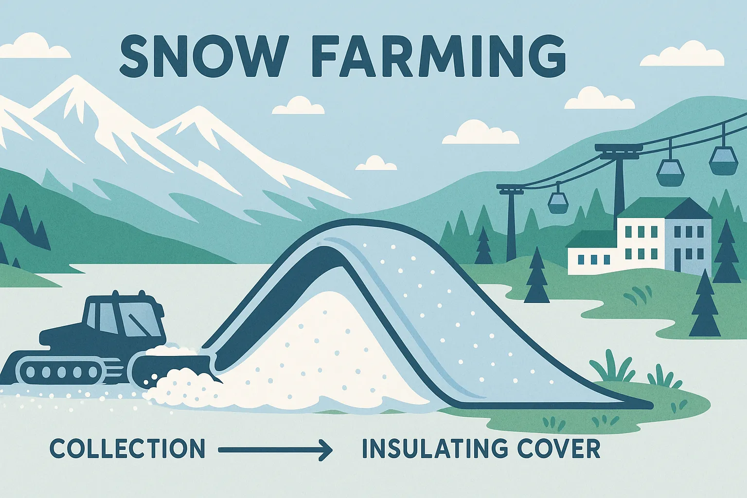 Snow farming concept illustration showing snow storage and season extension strategy