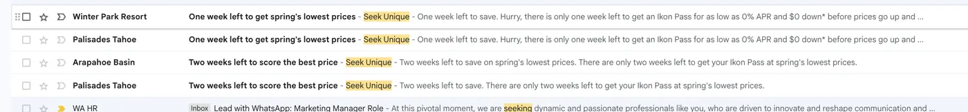 Gmail inbox showing identical countdown subject lines from multiple Ikon Pass partner resorts
