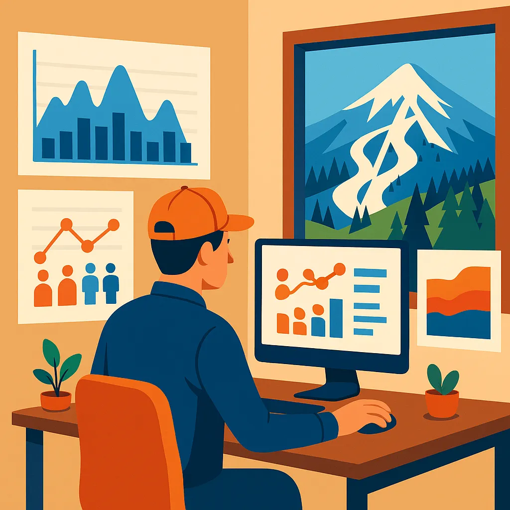 Ski resort team planning 2026-27 season strategy with data dashboards