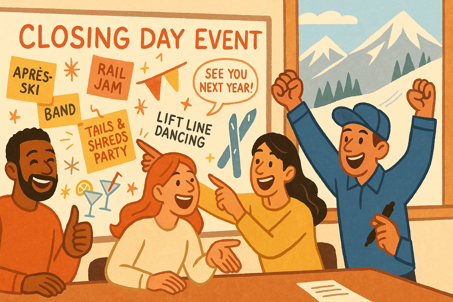 Ski resort marketing team planning end of season closing day event strategy