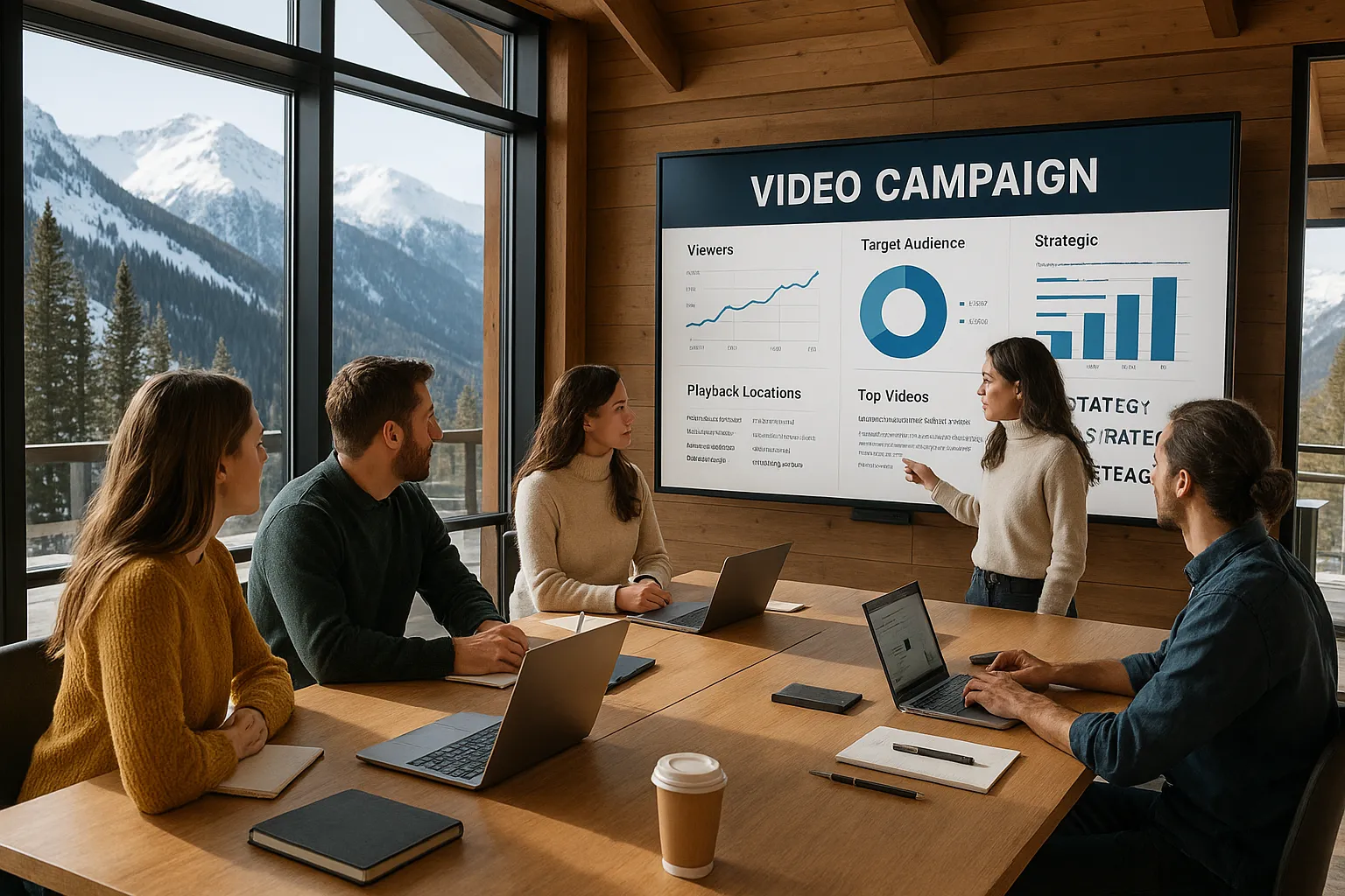 Ski resort marketing team reviewing campaign strategy
