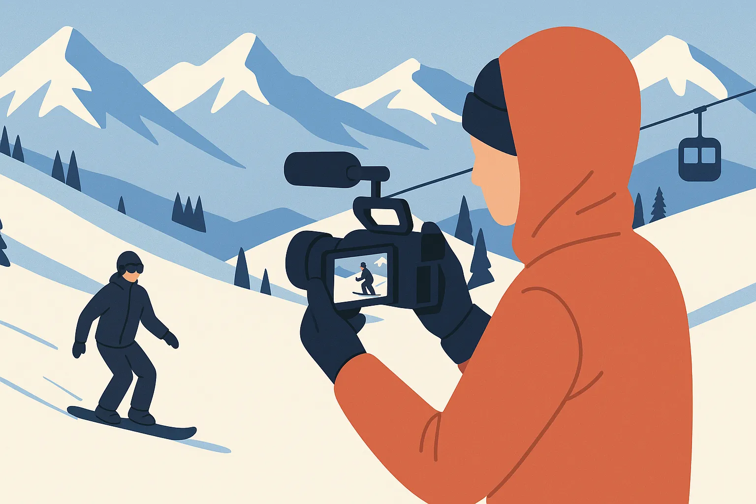 Casual authentic ski resort video filming concept