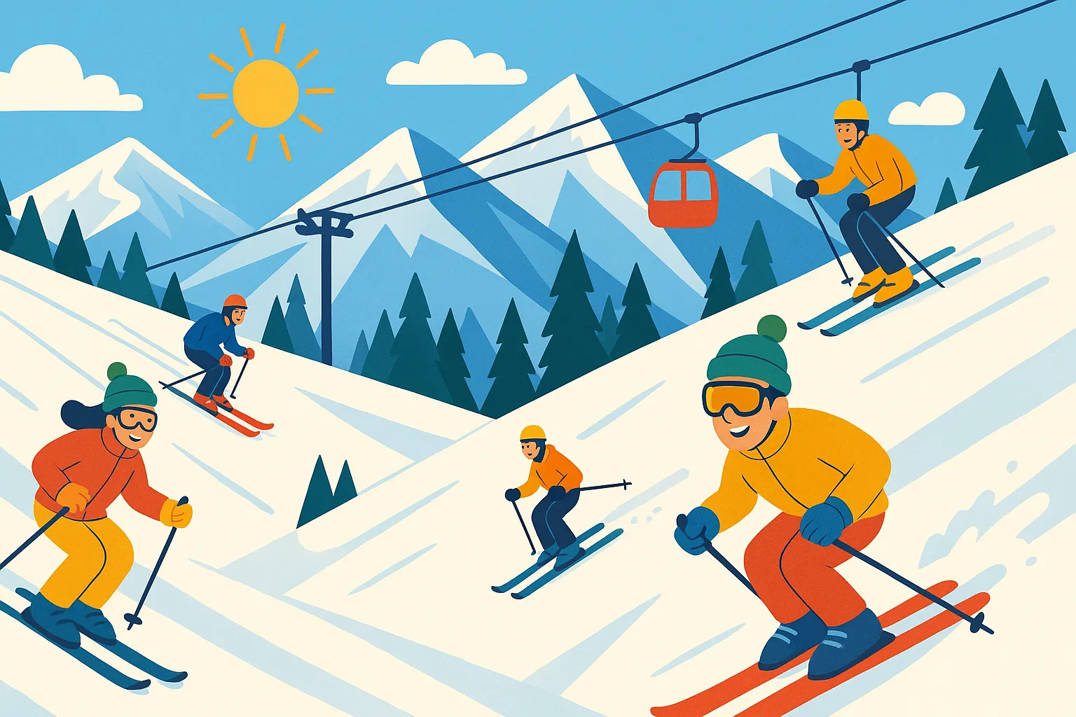 Mountain ski slopes illustrated winter resort scene