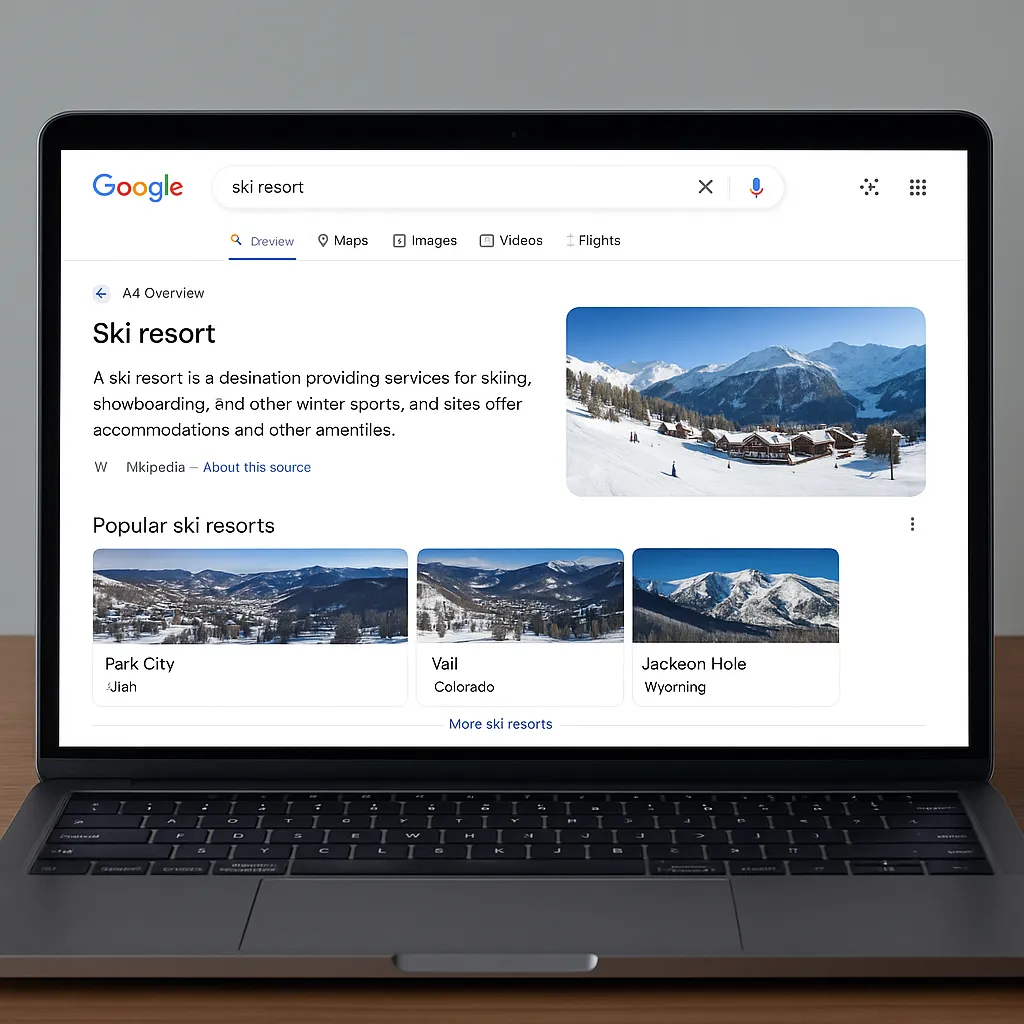 Google AI Overview search results for ski resort queries showing zero-click landscape