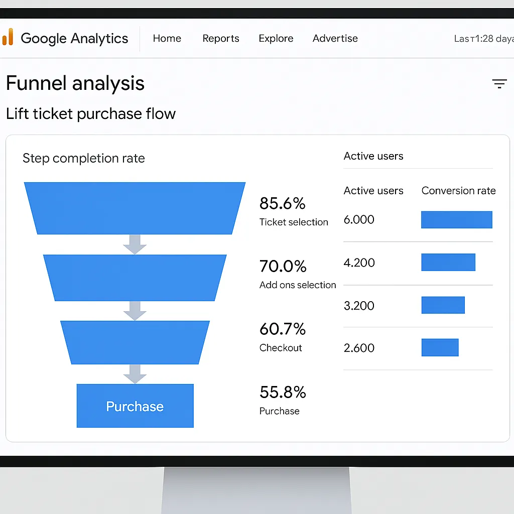 GA4 analytics dashboard showing ski resort website traffic and conversion events
