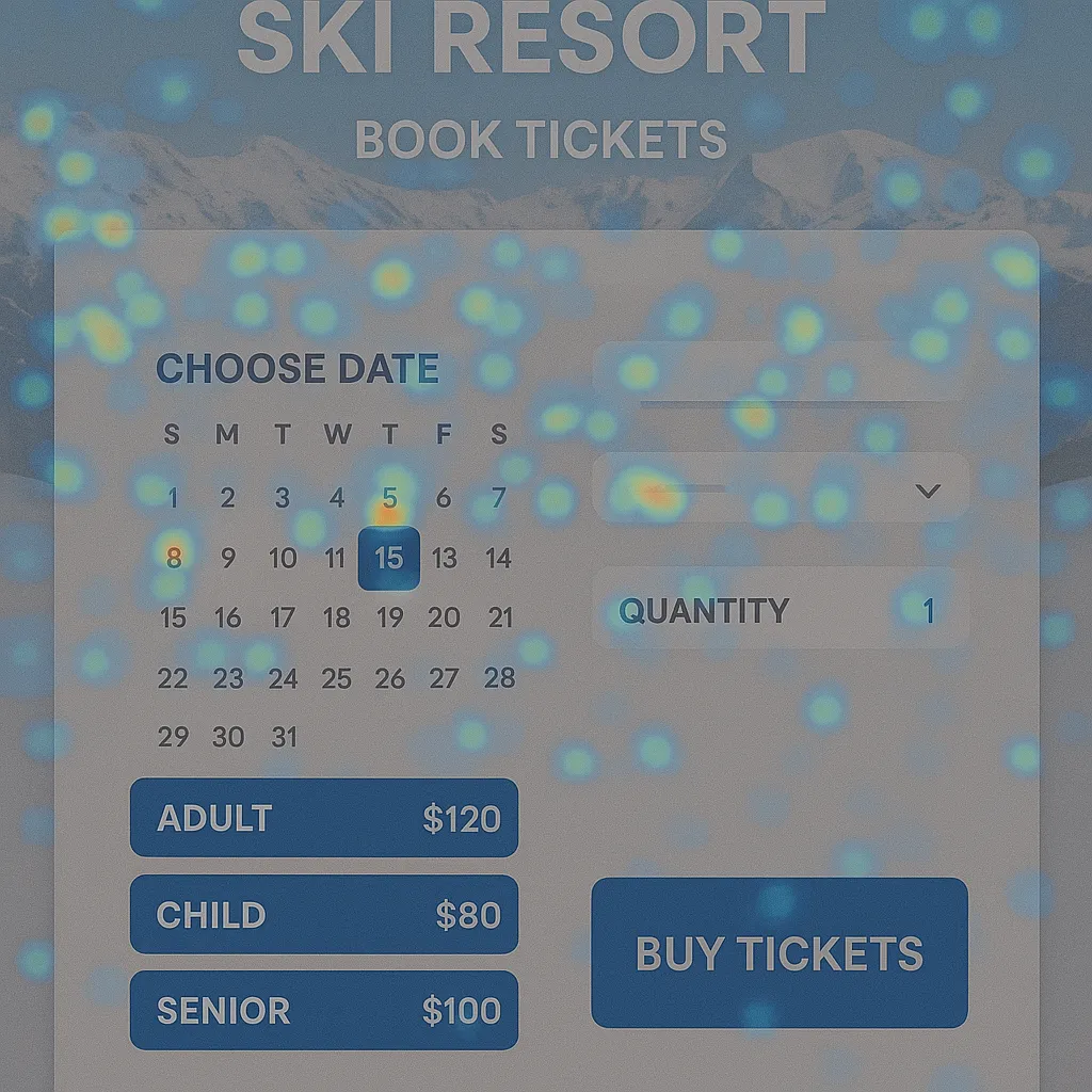 Microsoft Clarity heatmap showing user click and scroll behavior on a ski resort ticket page