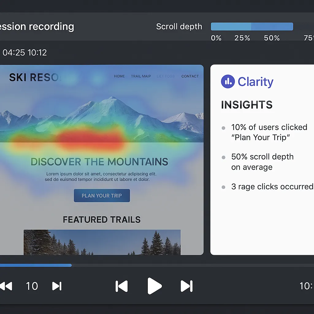 Microsoft Clarity session recording showing a guest navigating a ski resort ticket purchase flow
