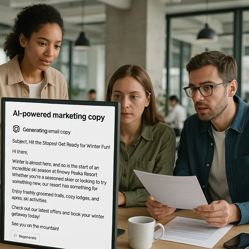 AI tools being used by a ski resort marketing team to draft email copy and social content