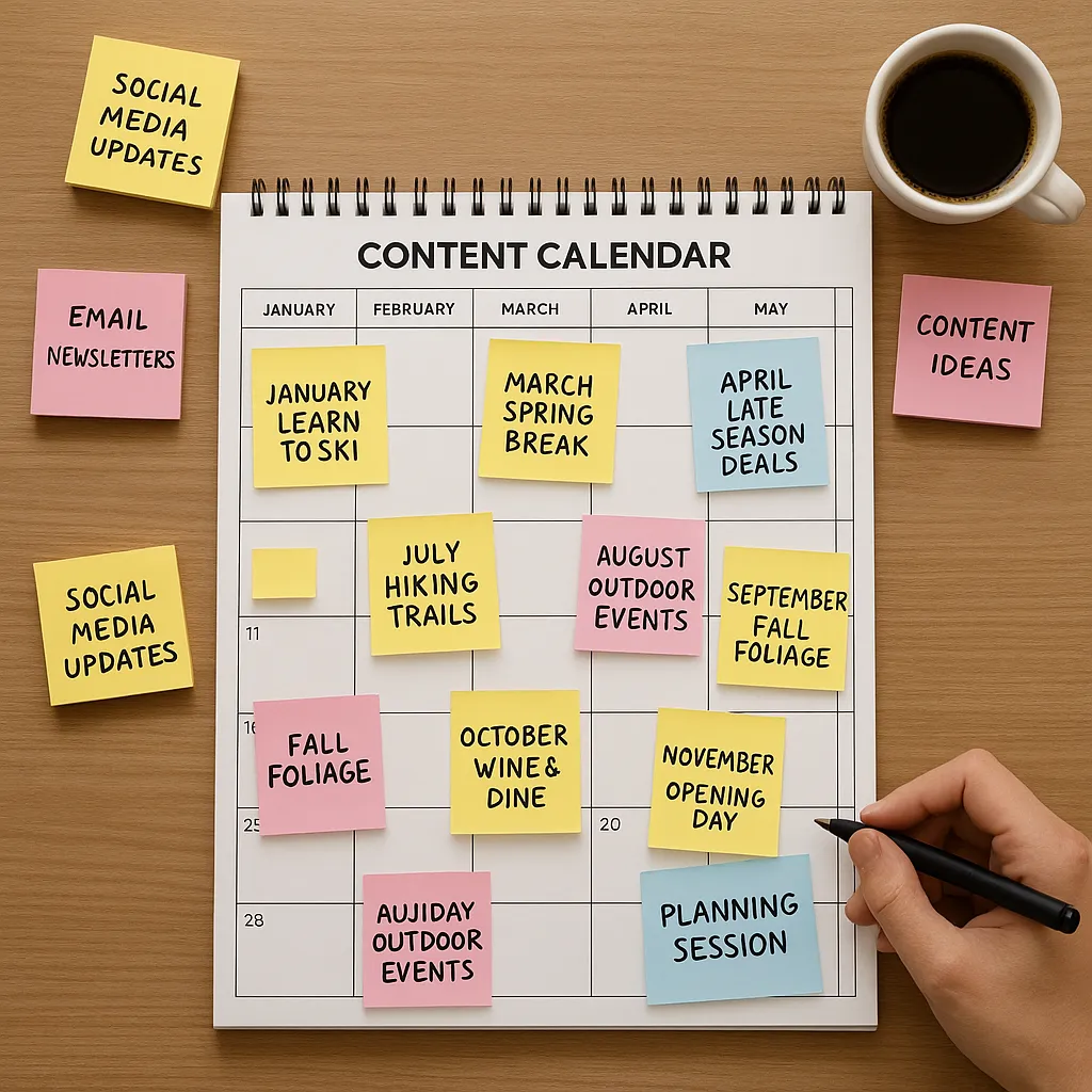 Ski resort content calendar template showing 12-month marketing themes and channels