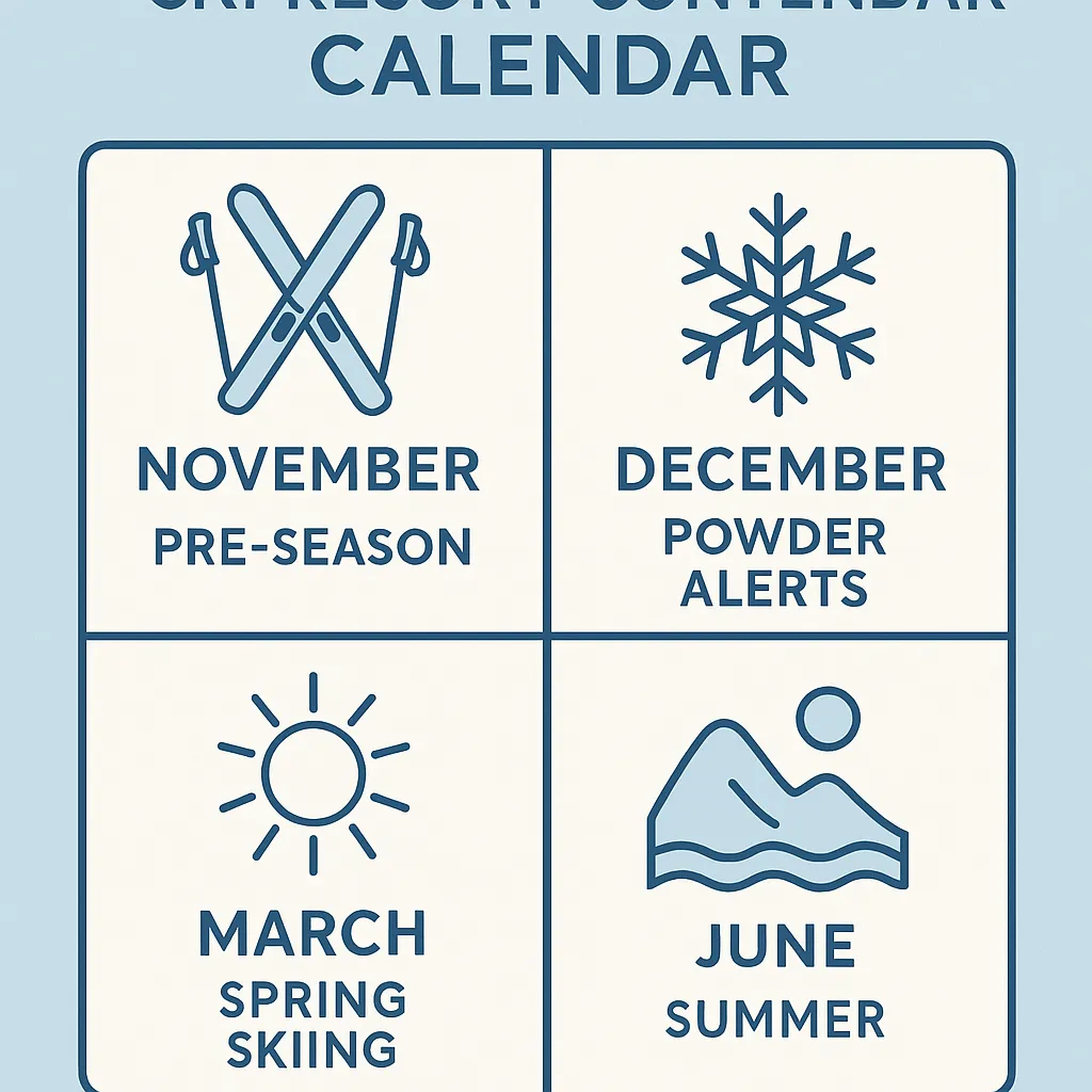 Resort marketing team reviewing content calendar with 12-month theme breakdown