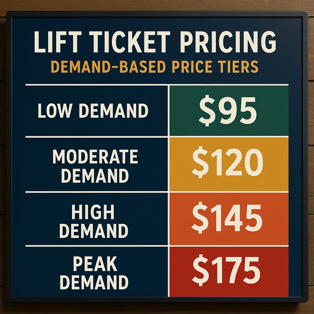 Dynamic pricing dashboard for a ski resort showing demand-based lift ticket pricing tiers