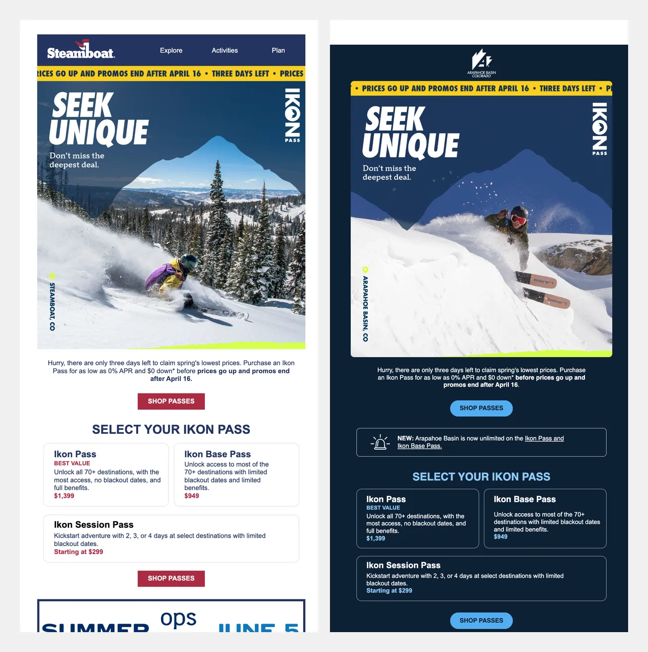 Side-by-side comparison of Ikon Pass Seek Unique emails from Arapahoe Basin and Winter Park showing identical template layout