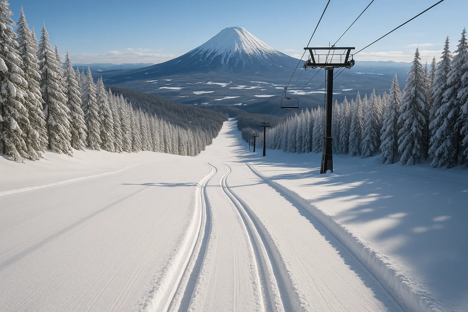 Leading lines in ski resort photography using trail tracks