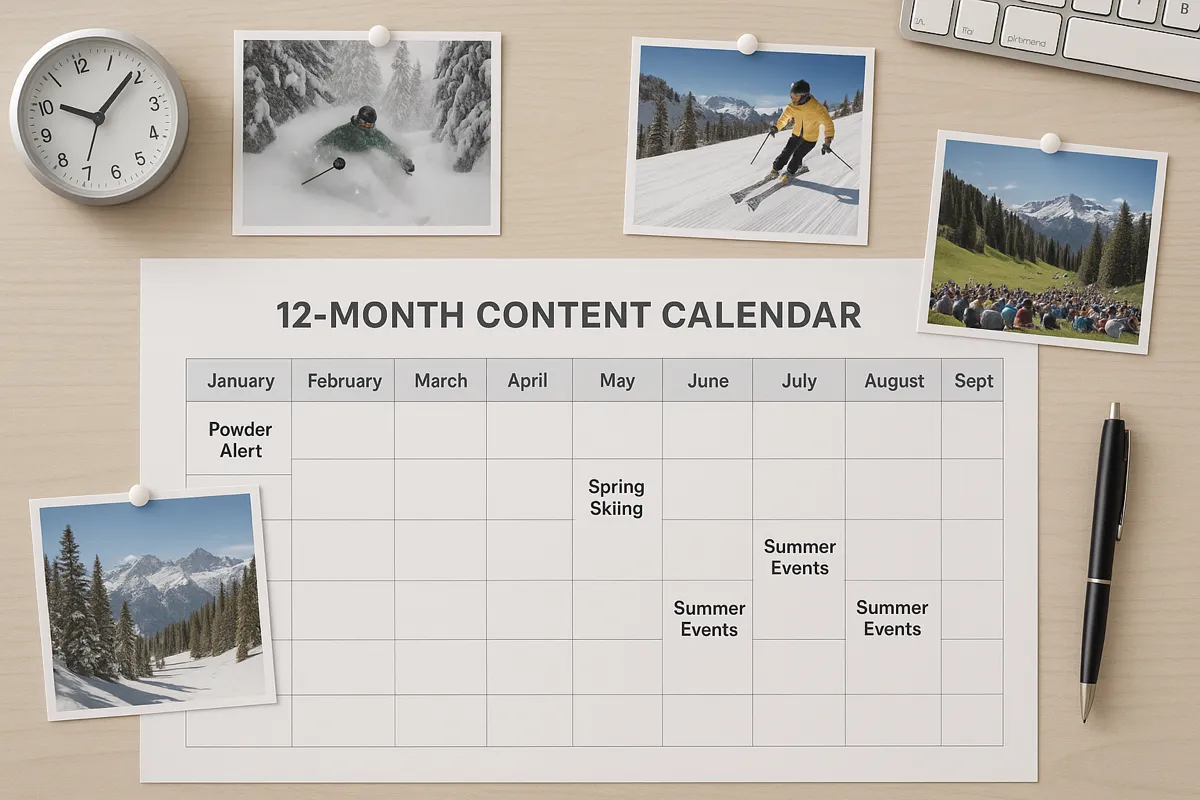 Ski resort content calendar showing seasonal marketing campaigns across email, social, and blog