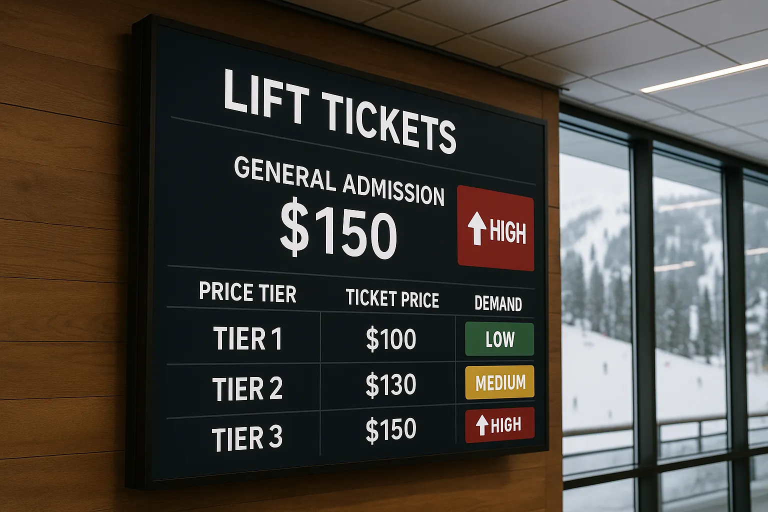Ski resort revenue management dashboard showing dynamic pricing results and booking window analysis