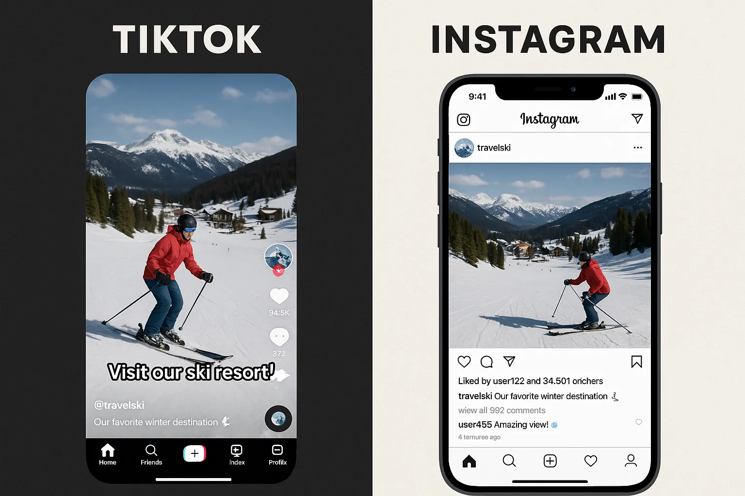 TikTok versus Instagram content strategy comparison for ski resorts