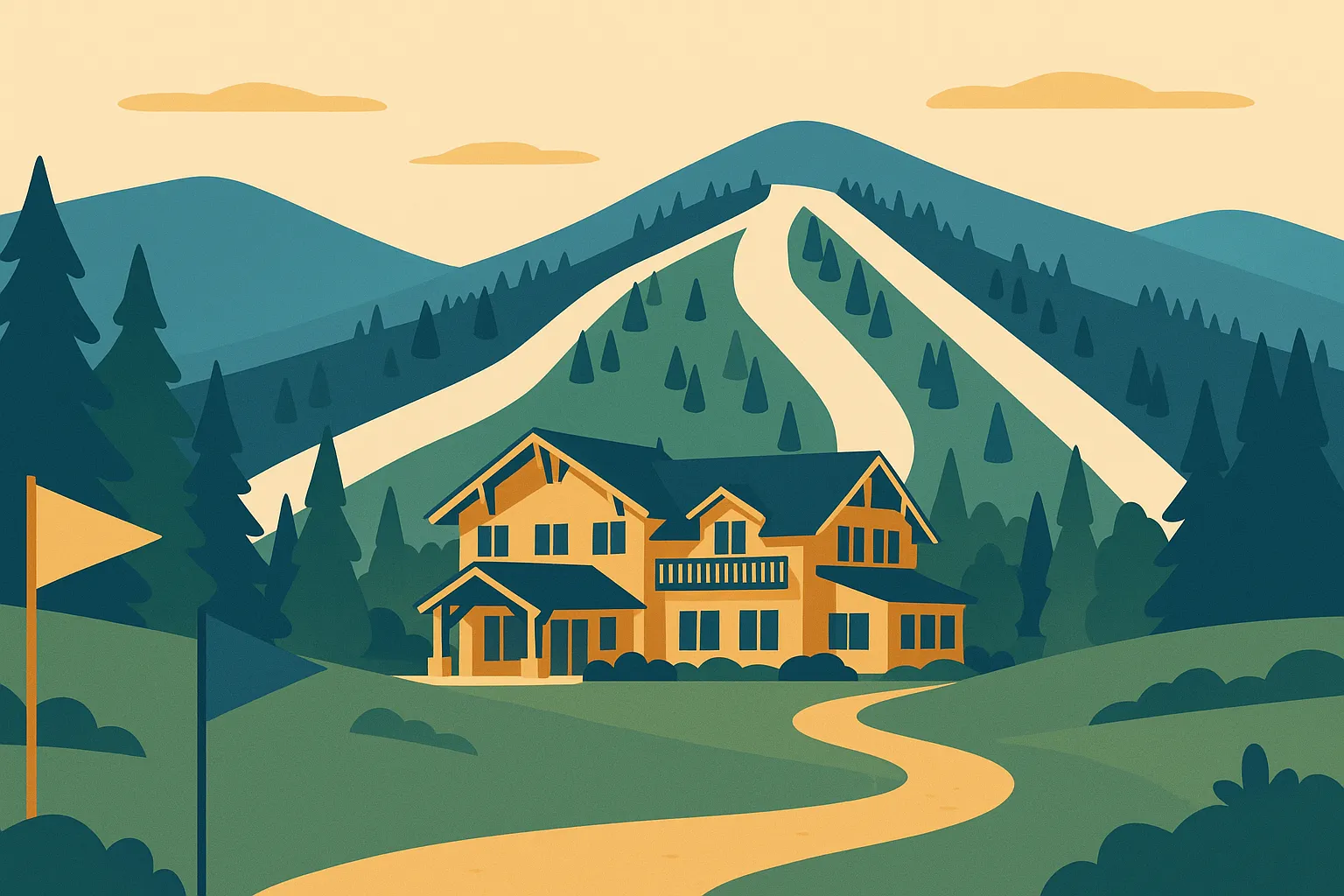 Ski resort base area spring with mountain bike trail flags