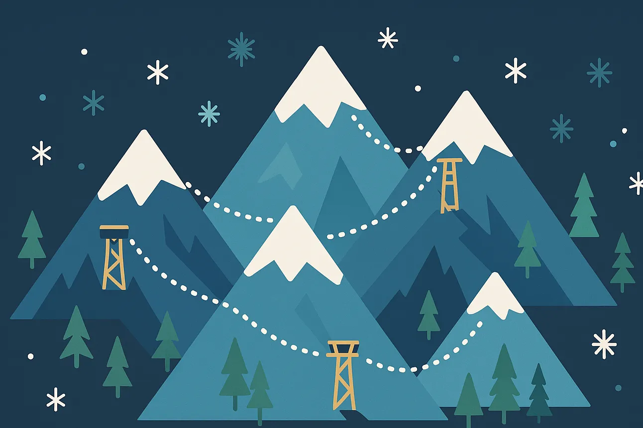 Multi-mountain ski pass network concept with connected peaks and lift towers