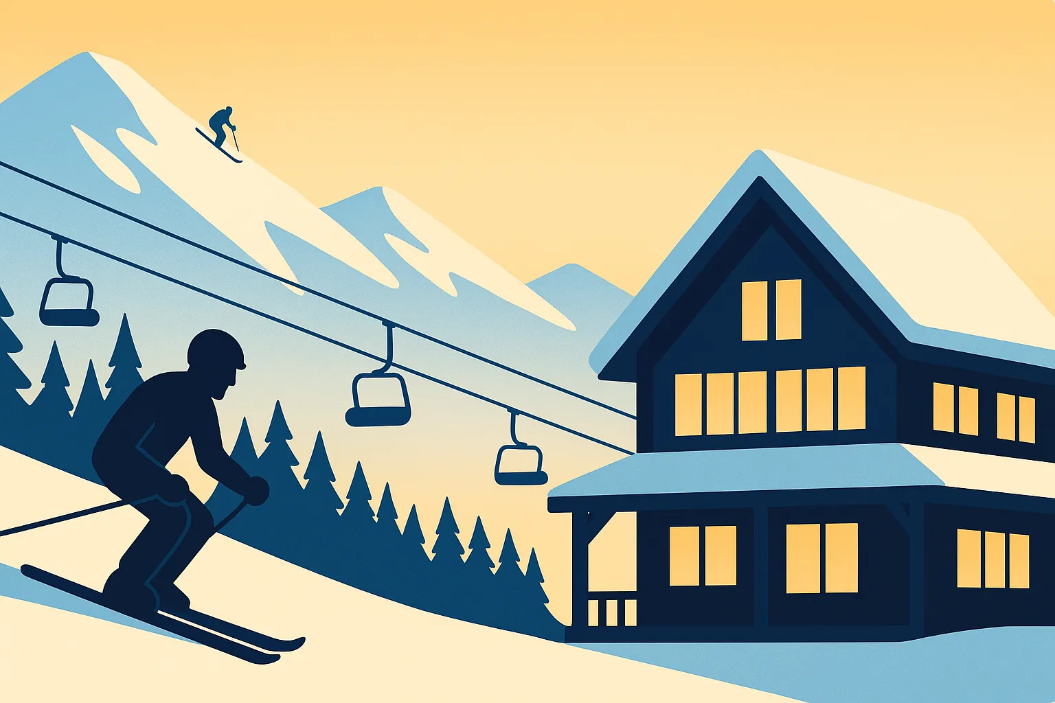 Skier at resort base area golden hour alpine atmosphere