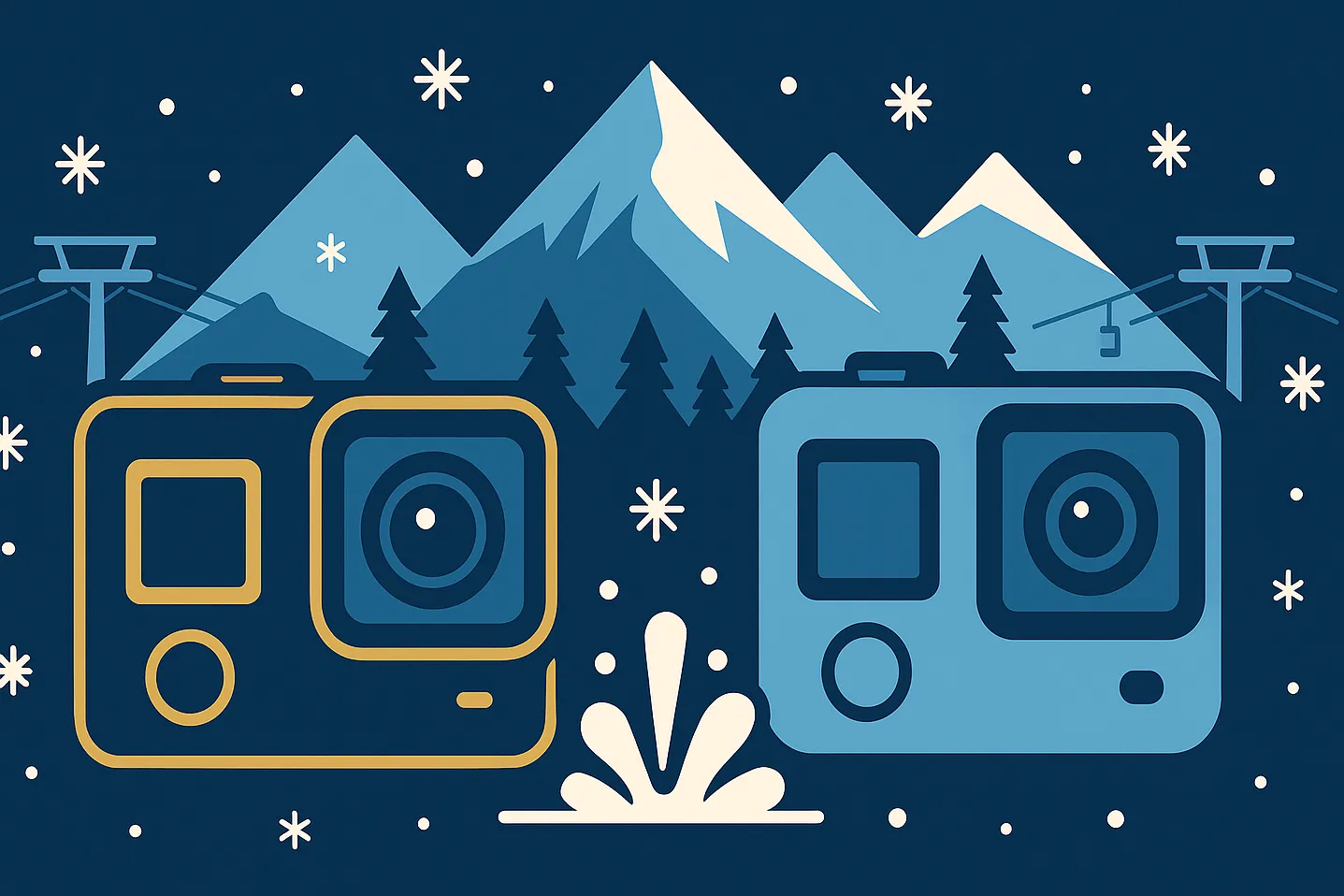 Two action cameras compared side by side with ski resort mountain backdrop