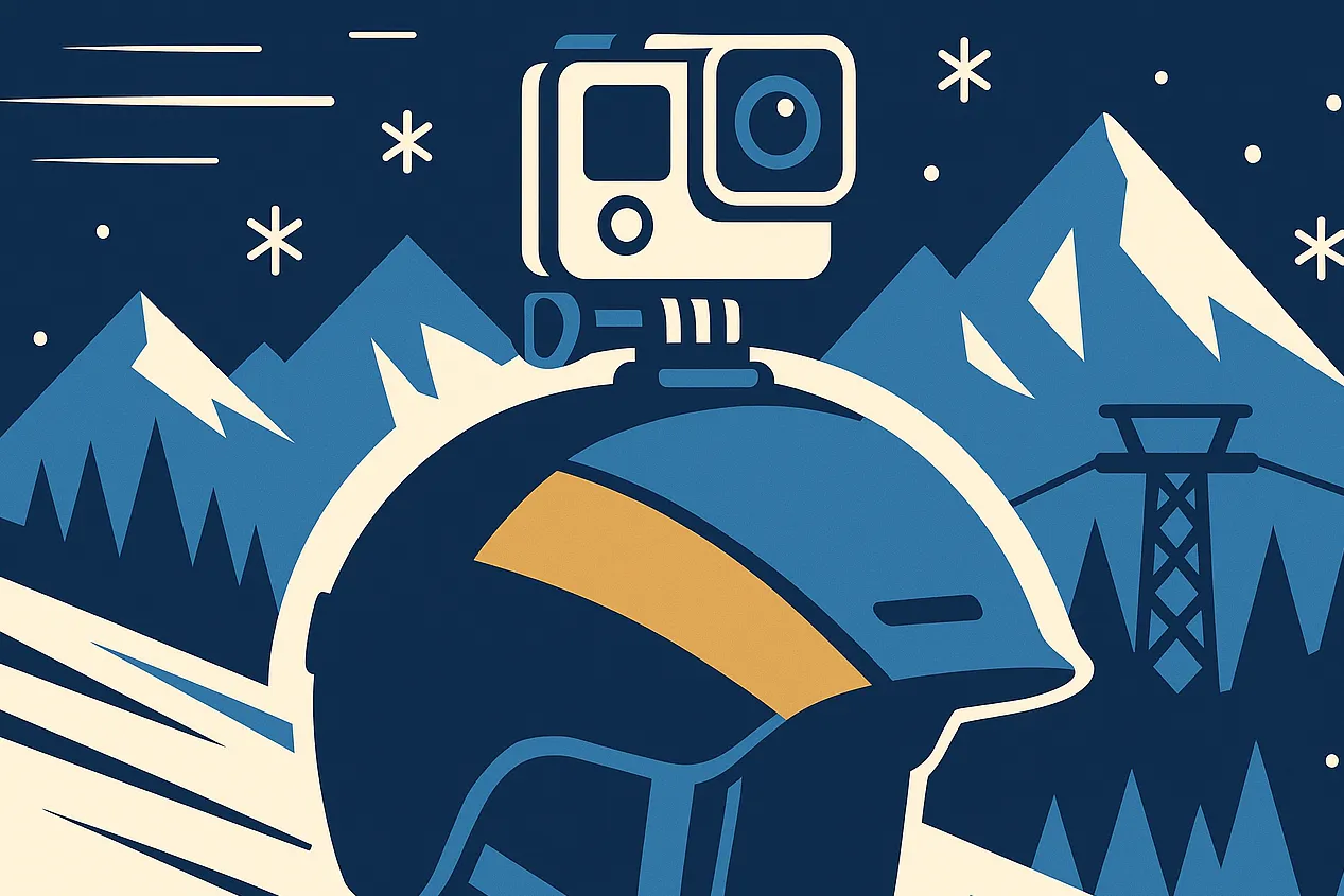 Action camera mounted on ski helmet in alpine mountain environment