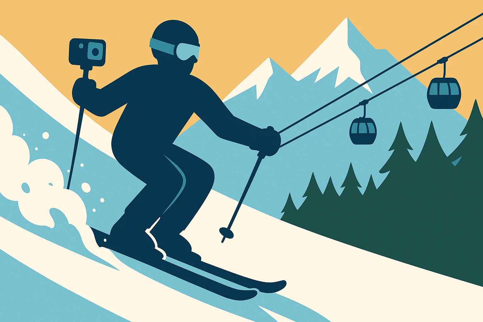 Content creator skiing and filming on mountain with alpine peaks in background